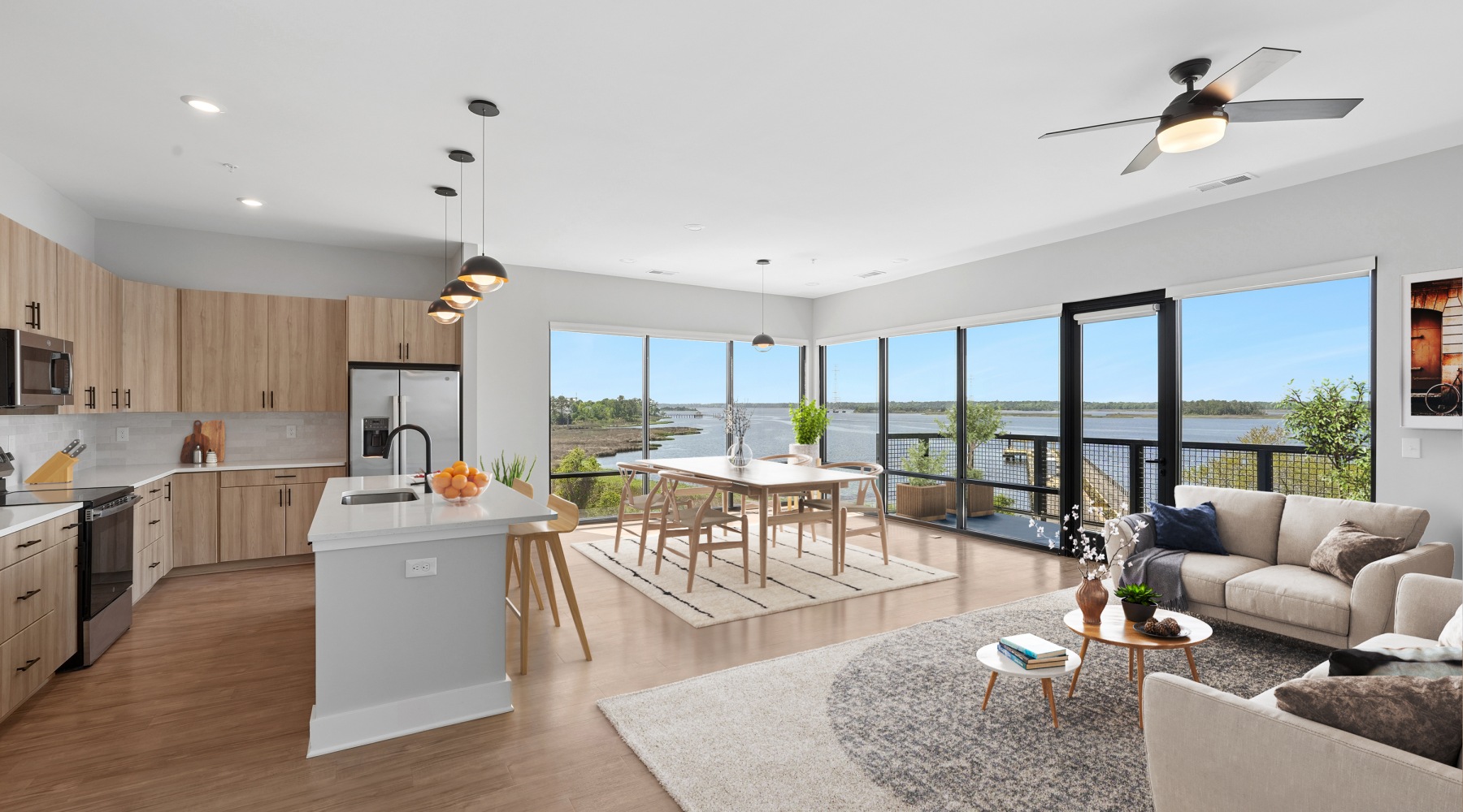 a living room with large windows